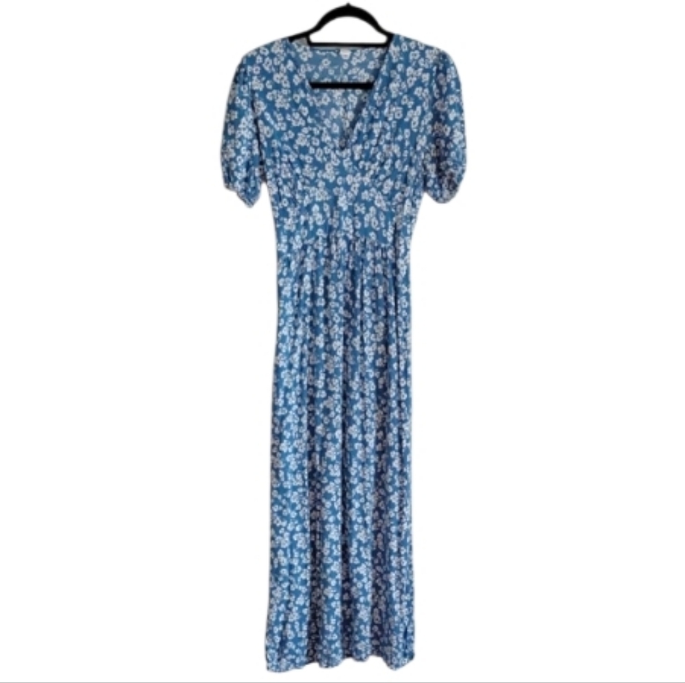 Blue Floral Silk Short Sleeve Maxi Dress Cottagecore Praire Garden Floral Large